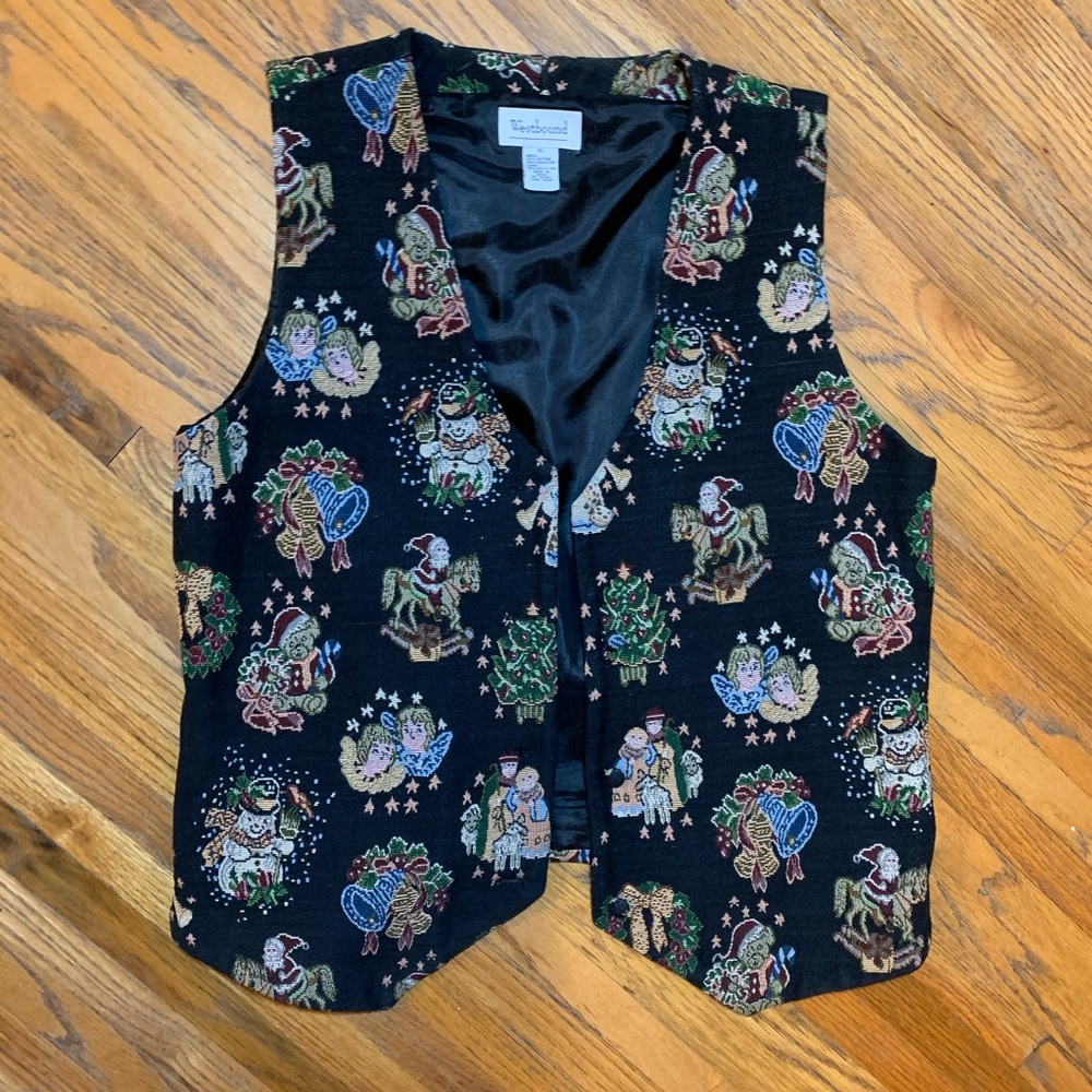 Vtg ugly Christmas Xmas sweater black vest holiday